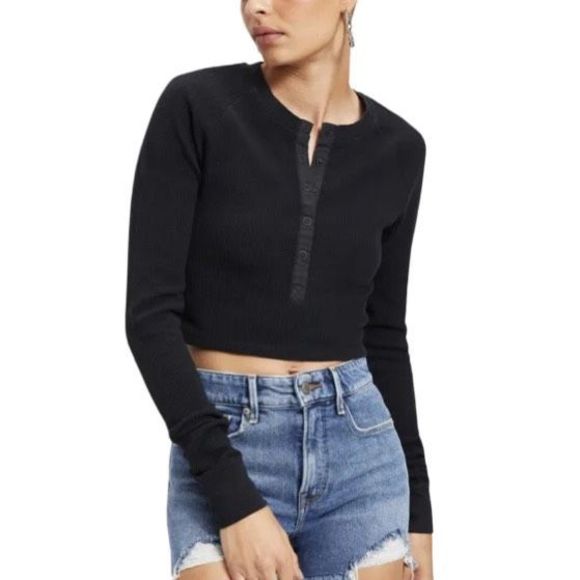 Good American Tops - Good American Thermal Stretch Cotton Henley - Size 6 (3XL) - Black